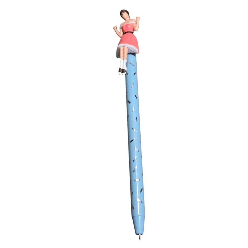 Vintage Novelty 3D Girl Sitting Figure Ballpoint Pen Blue Pink Dress Light Up